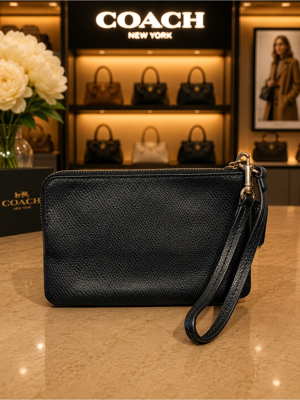 Coach Corner Zip Wristlet Black Crossgrain Leather F53429 EUC - Picture 2 of 4